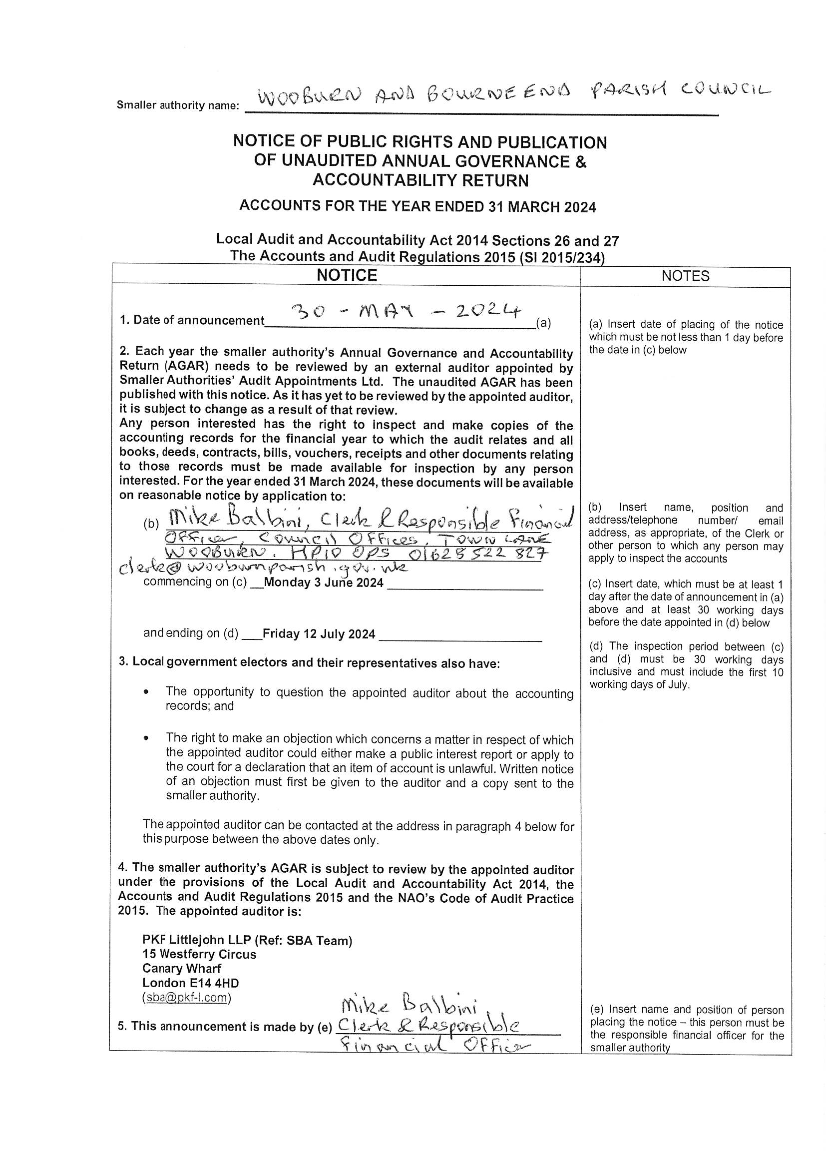 AGAR – Notice of Public Rights – Wooburn & Bourne End Parish Council